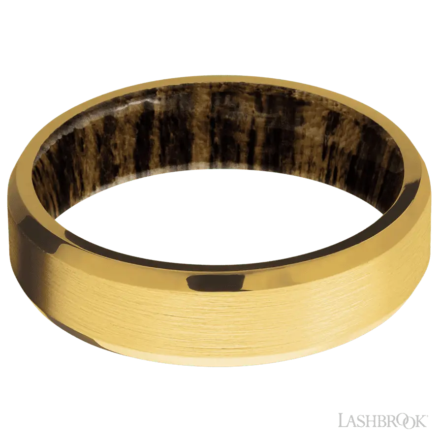 6 mm wide Beveled 18K Yellow Gold band featuring a Bocote sleeve.