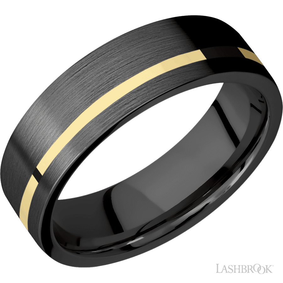 7 mm wide/Flat/Zirconium band with one 1 mm Off Center inlay of 14K Yellow Gold.