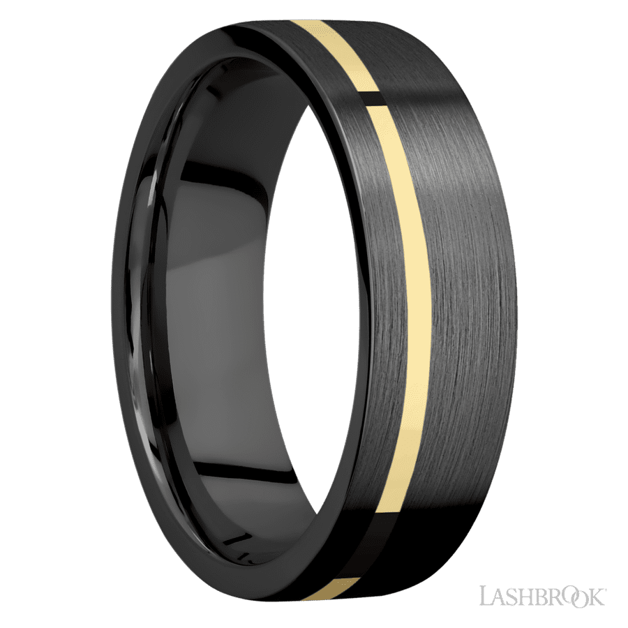 7 mm wide/Flat/Zirconium band with one 1 mm Off Center inlay of 14K Yellow Gold.