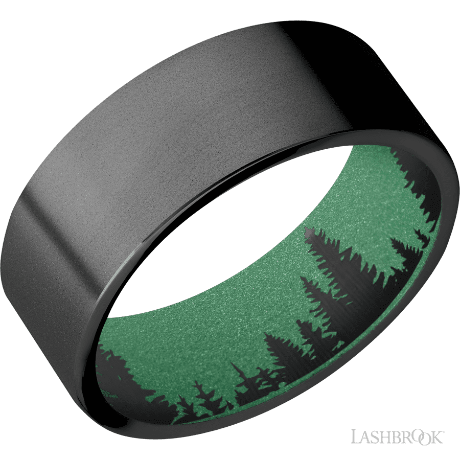 8 mm wide Flat Zirconium band featuring a Squatch sleeve.