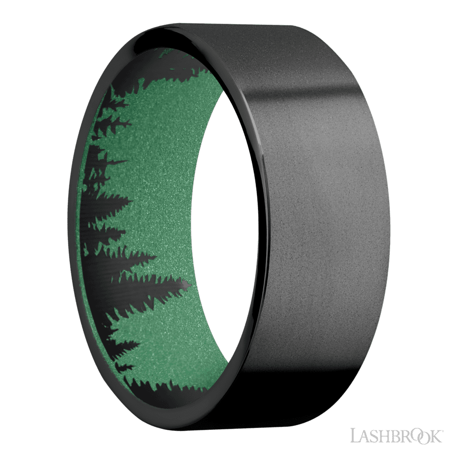 8 mm wide Flat Zirconium band featuring a Squatch sleeve.