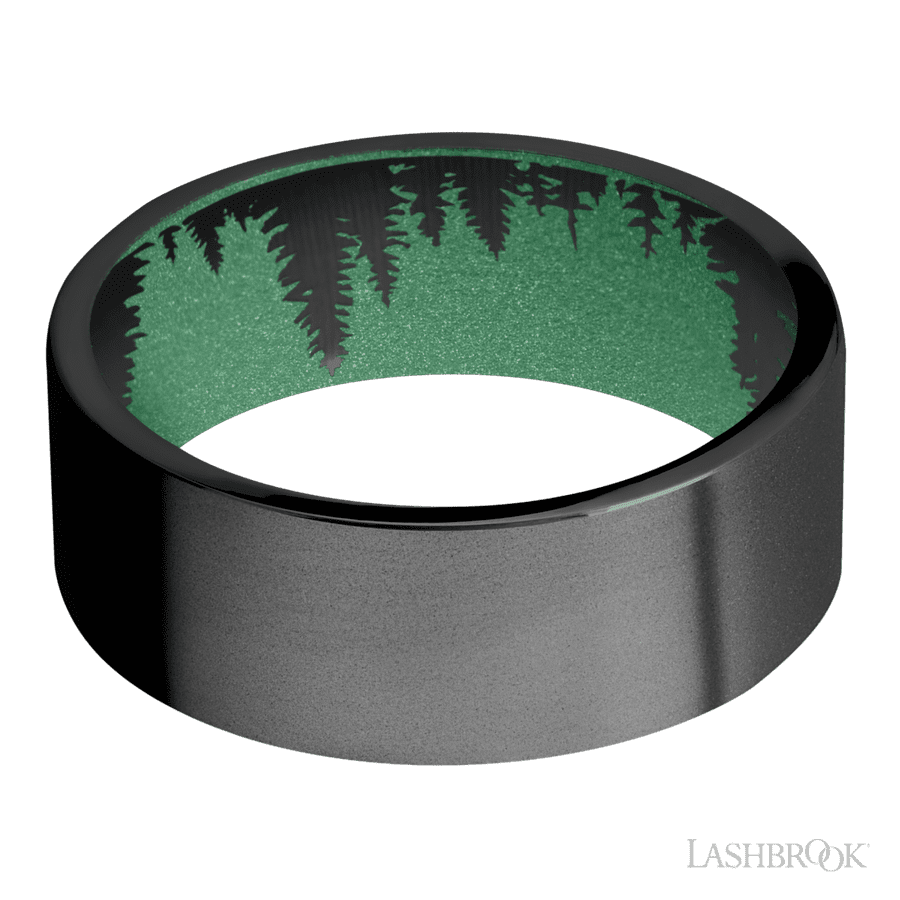 8 mm wide Flat Zirconium band featuring a Squatch sleeve.