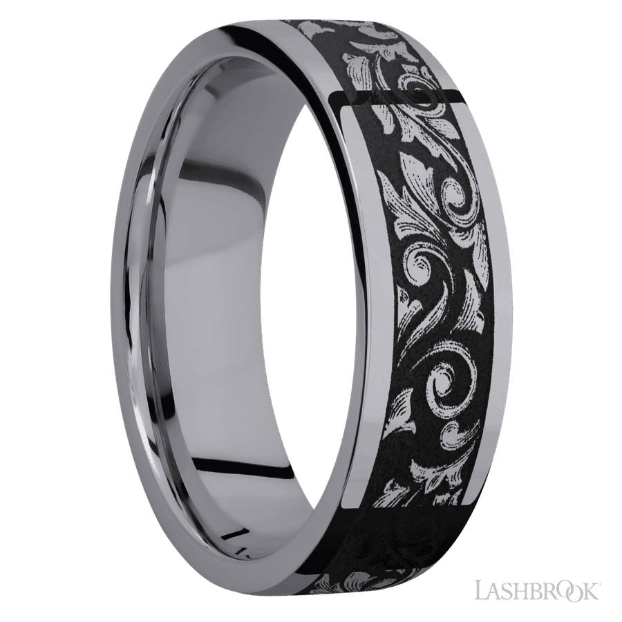 7 mm wide/Flat/Tantalum band with a laser carved Western Scroll pattern.