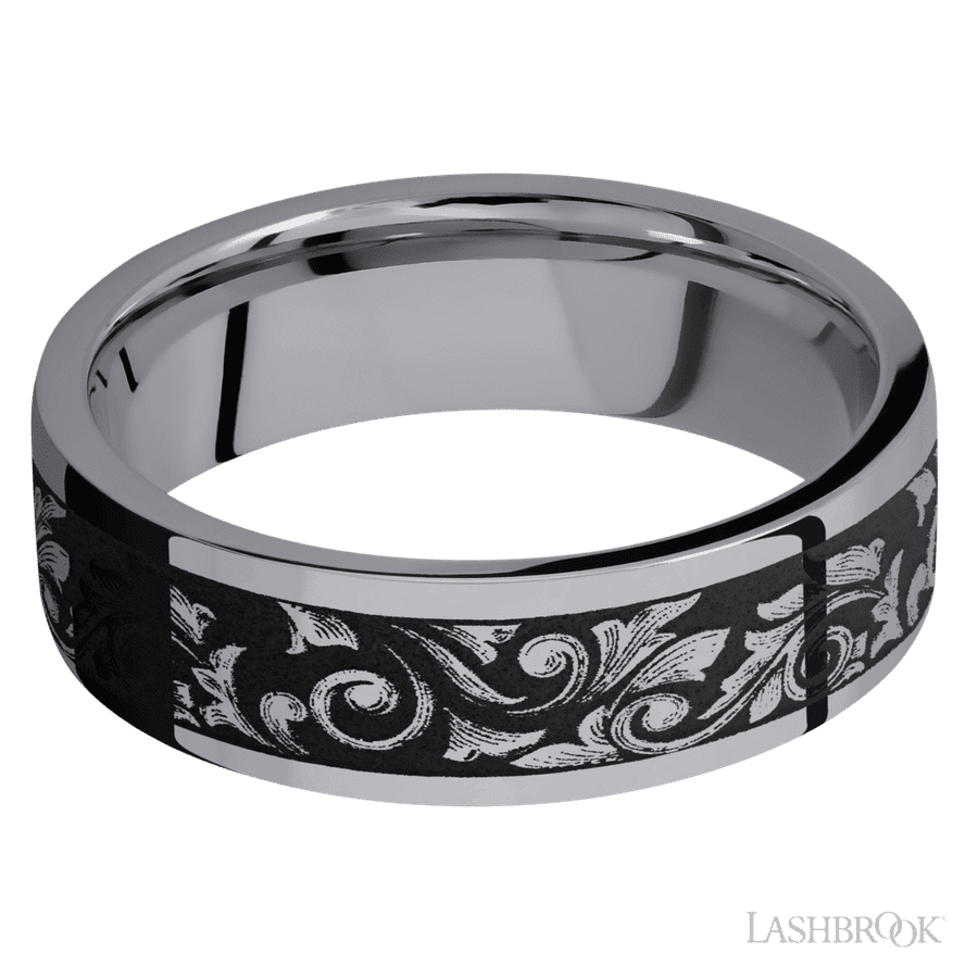7 mm wide/Flat/Tantalum band with a laser carved Western Scroll pattern.