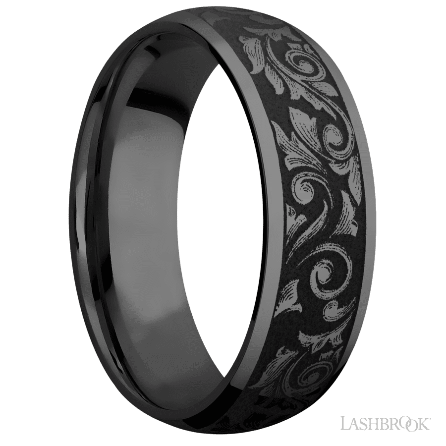 7 mm wide/Domed/Zirconium band with a laser carved Western Scroll pattern.