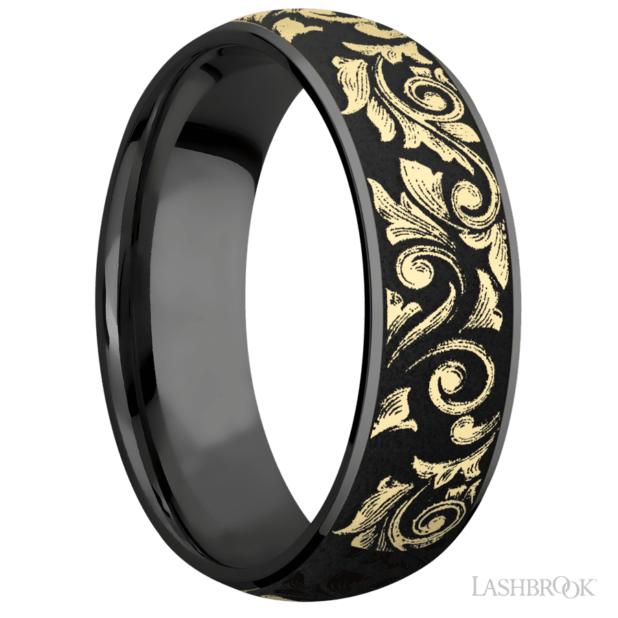 7 mm wide/Domed/Zirconium band with one 6 mm Centered inlay of 14K Yellow Gold with a laser carved Western Scroll pattern.