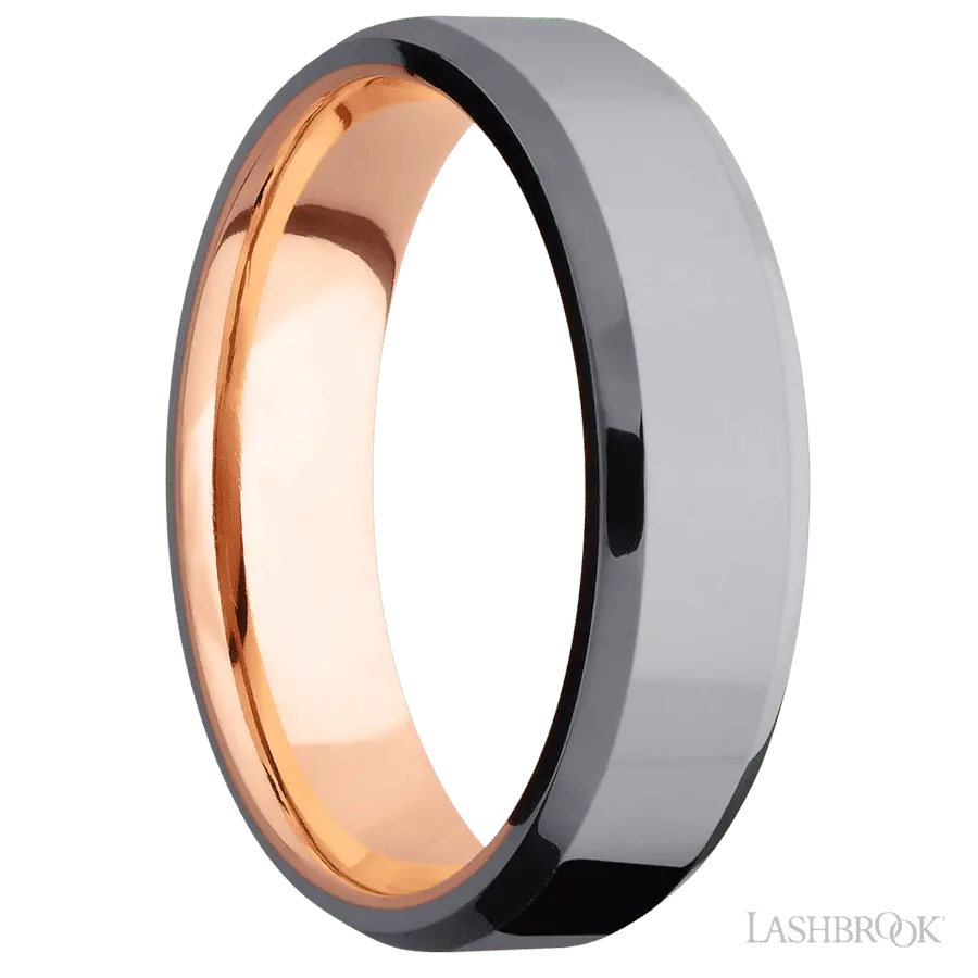 6 mm wide Beveled Tantalum band featuring a 14K Rose Gold sleeve.