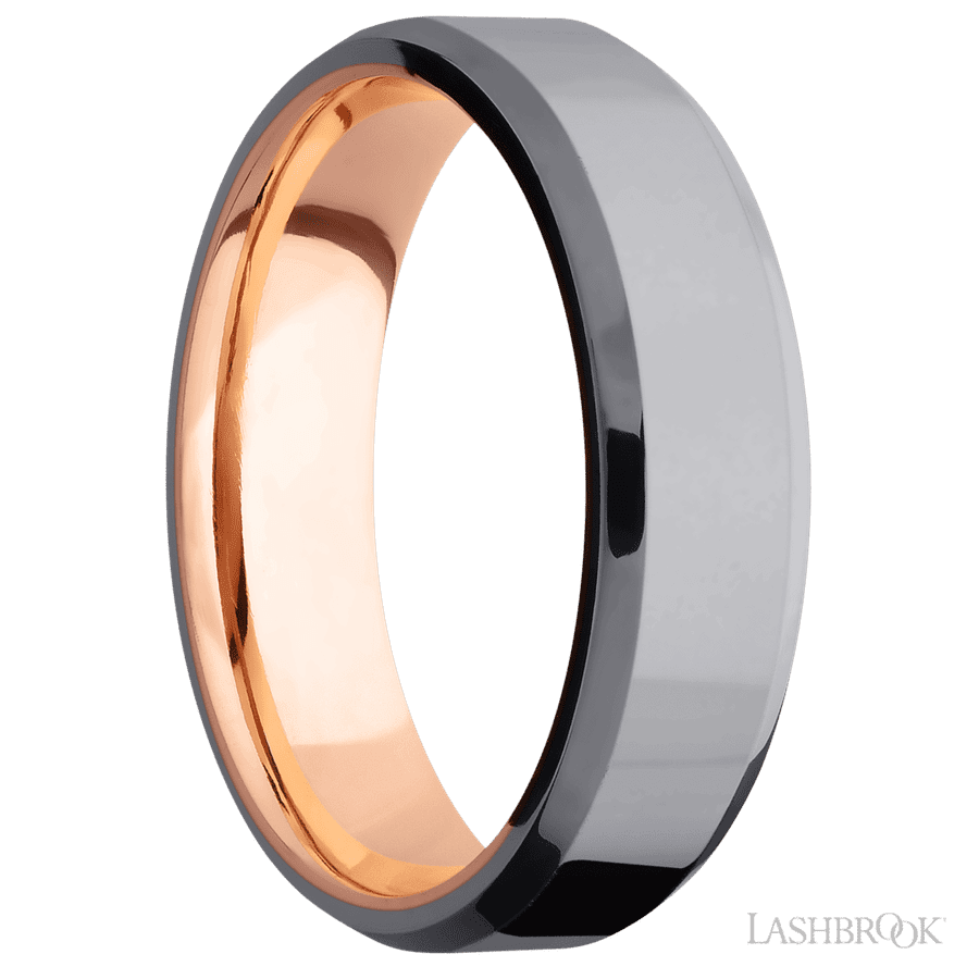 6 mm wide Beveled Tantalum band featuring a 14K Rose Gold sleeve.