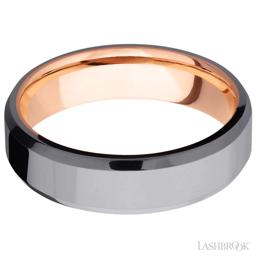 6 mm wide Beveled Tantalum band featuring a 14K Rose Gold sleeve.