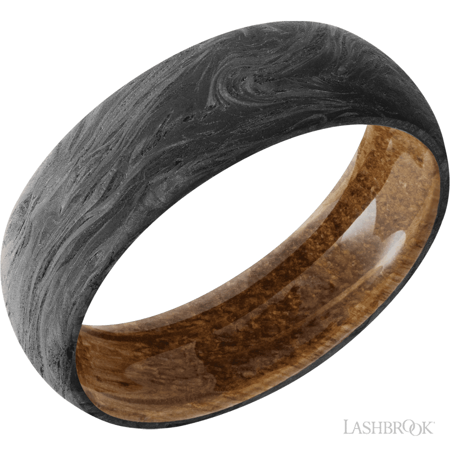 7 mm wide Domed Forged Carbon Fiber band featuring a Whiskey Barrel sleeve.
