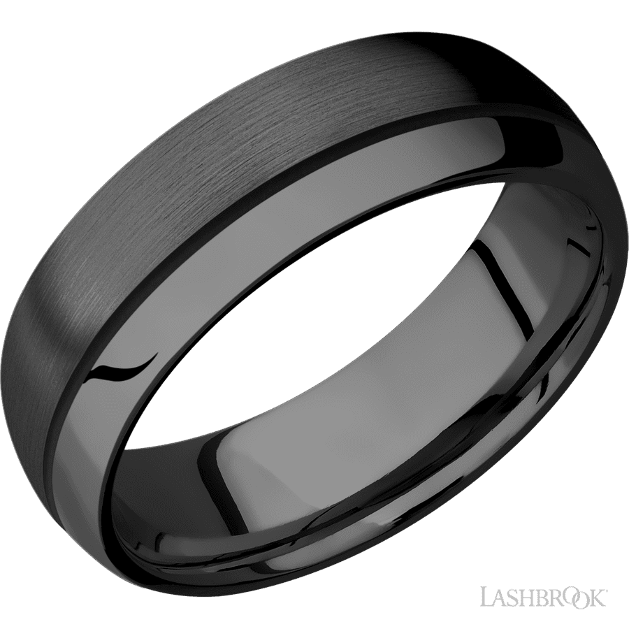 7 mm wide/Domed/Zirconium band with one 0.5 mm Off Center inlay of Black.