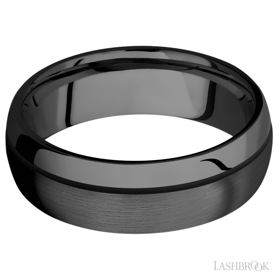 7 mm wide/Domed/Zirconium band with one 0.5 mm Off Center inlay of Black.