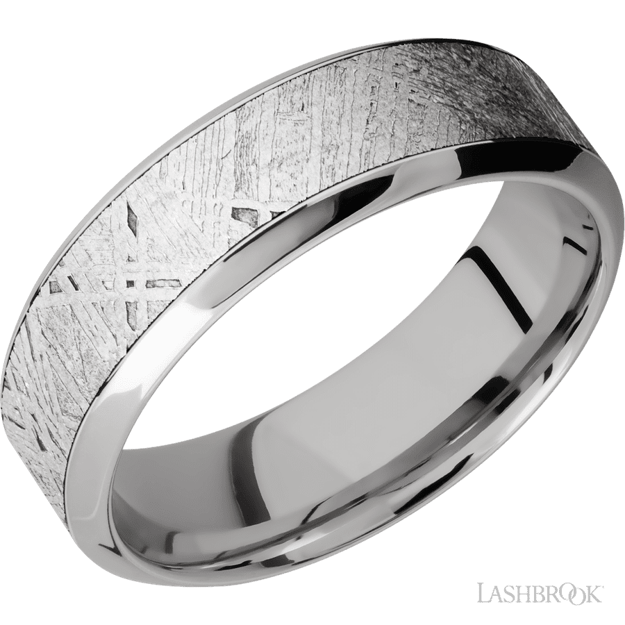 7 mm wide/High Bevel/18K White Gold band with one 4 mm Centered inlay of Meteorite.