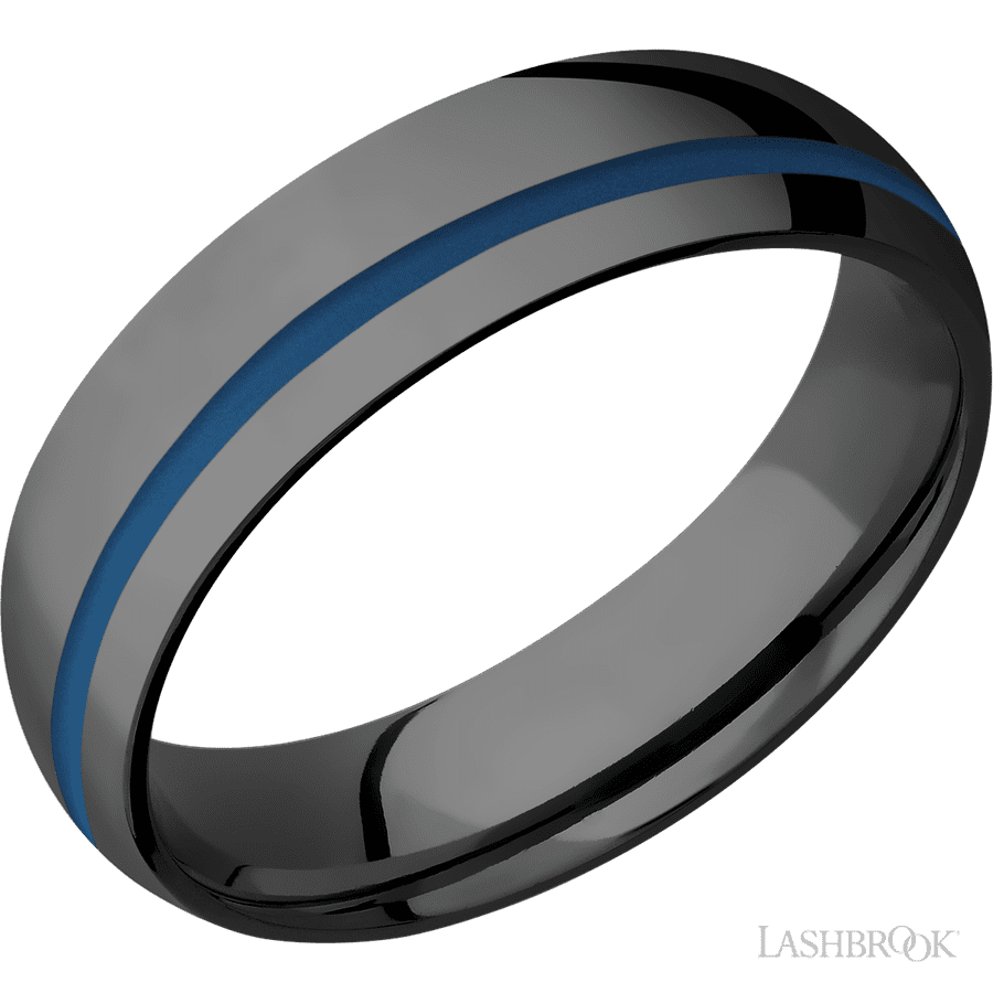 6 mm wide/Domed/Zirconium band with one 1 mm Off Center inlay of Ridgeway Blue.