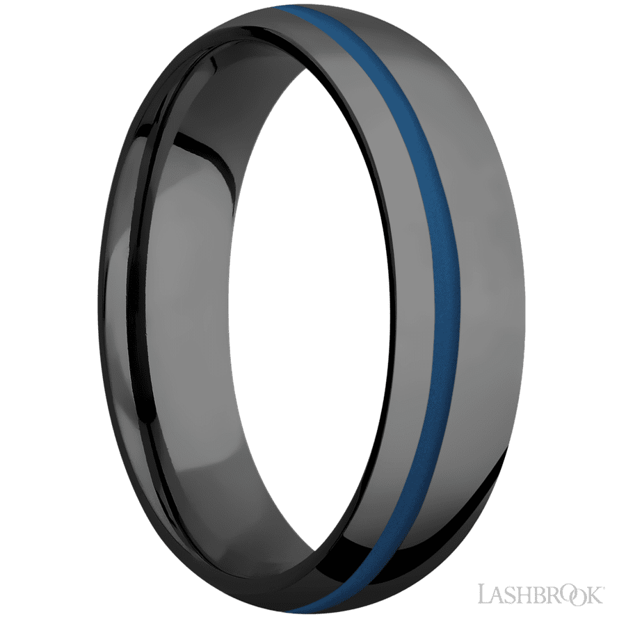 6 mm wide/Domed/Zirconium band with one 1 mm Off Center inlay of Ridgeway Blue.