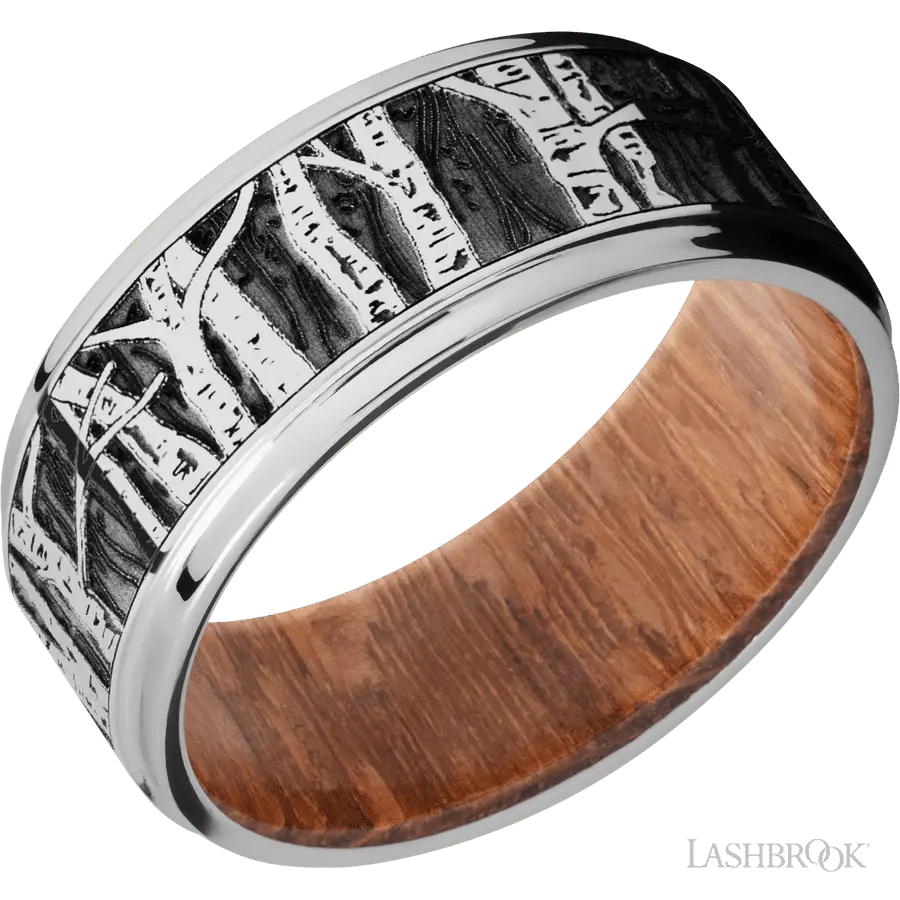 9 mm wide/Flat Grooved Edges/Cobalt Chrome band with a laser carved Aspen pattern also featuring a Leopard Wood sleeve. in Co