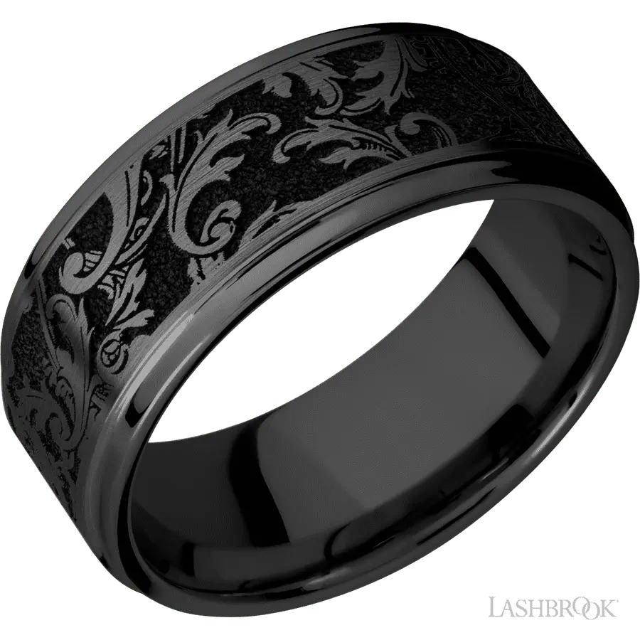 9 mm wide/Flat Grooved Edges/Zirconium band with a laser carved Black Leaf pattern. in Zirconium by Lashbrook | The Diamond S