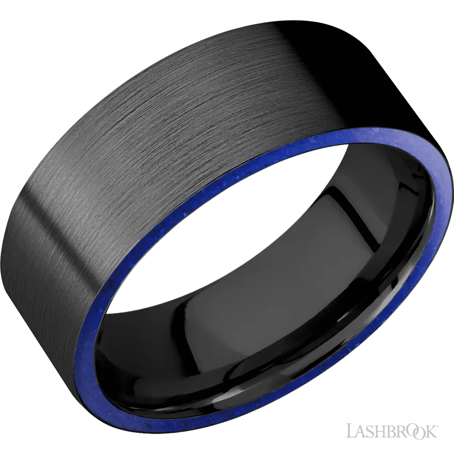 8 mm wide/Flat/Zirconium band with two 1 mm Side inlays of Lapis. in Zirconium by Lashbrook | The Diamond Store Las Vegas
