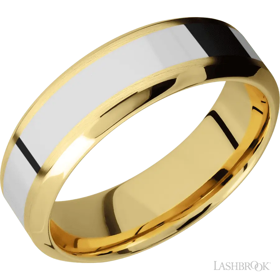 7 mm wide/High Bevel/14K Yellow Gold band with one 3 mm Centered inlay of 14K White Gold. in 14K Yellow Gold by Lashbrook | T