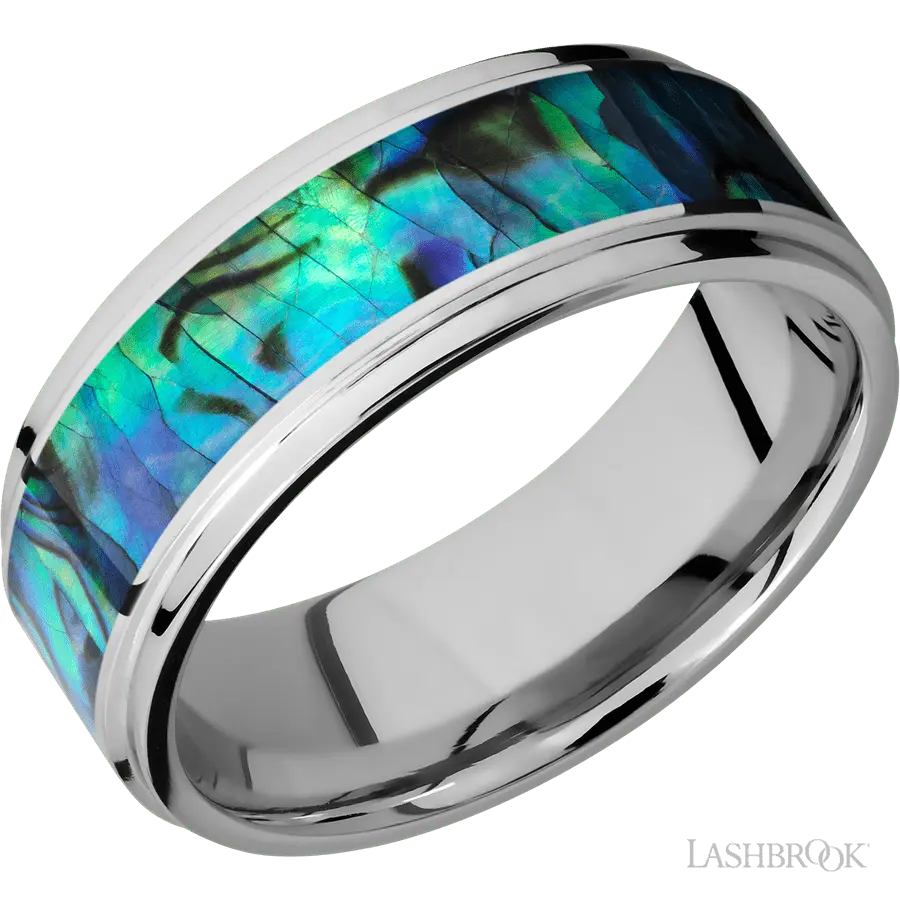 8 mm wide/Flat Grooved Edges/Cobalt Chrome band with one 5 mm Centered inlay of Abalone. in Cobalt by Lashbrook | The Diamond