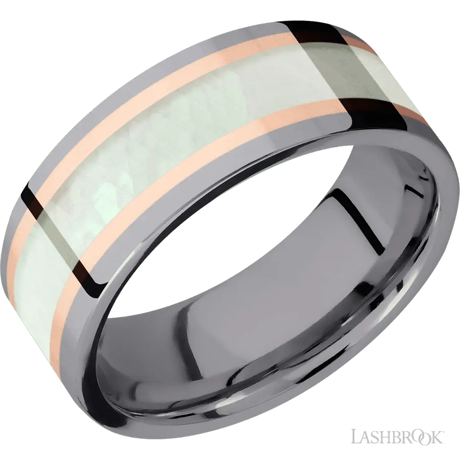 8 mm wide/Flat/Tantalum band featuring inlays of 14K Rose Gold and Freshwater Mother of Pearl. in Tantalum by Lashbrook | The
