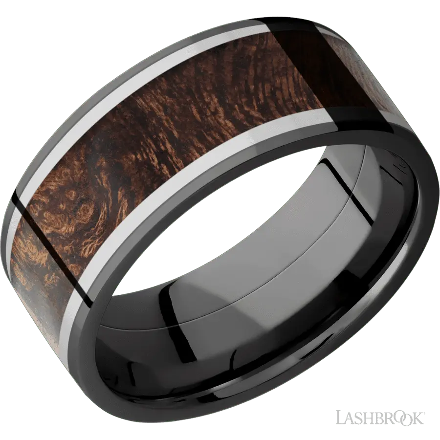 9 mm wide/Flat/Zirconium band featuring inlays of Titanium and Sapele. in Zirconium by Lashbrook | The Diamond Store Las Vega