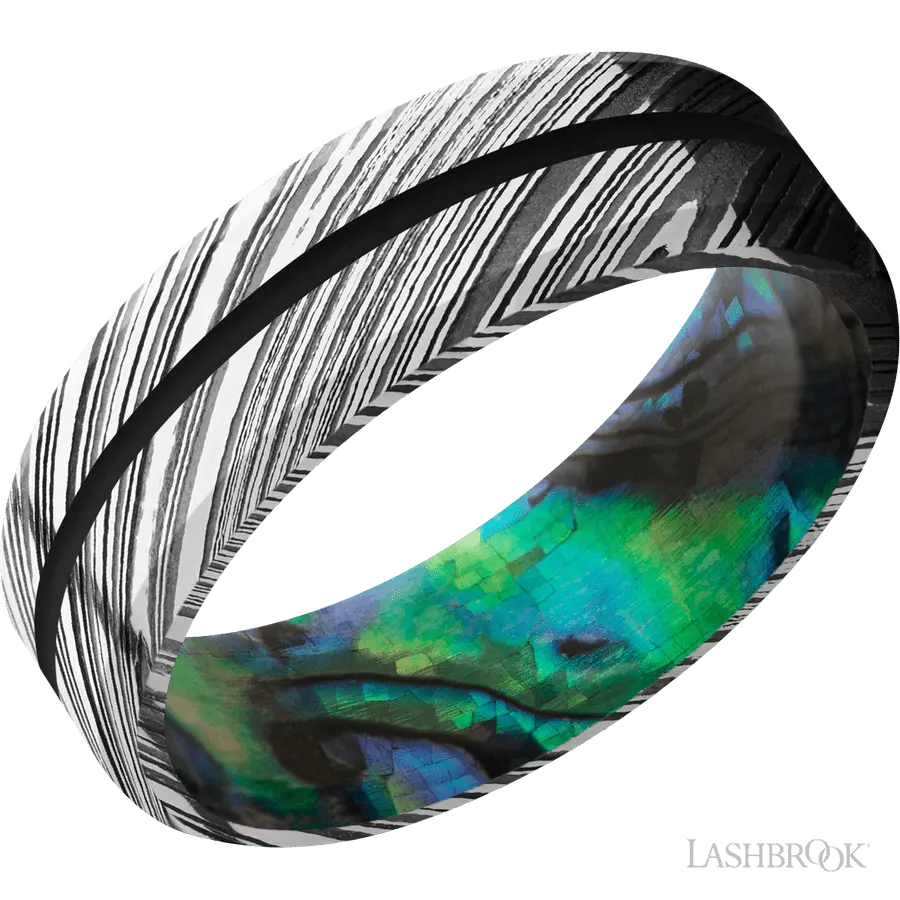 7 mm wide/Beveled/Woodgrain band with one 1 mm Centered inlay of Black also featuring a Abalone sleeve. by Lashbrook | The Di
