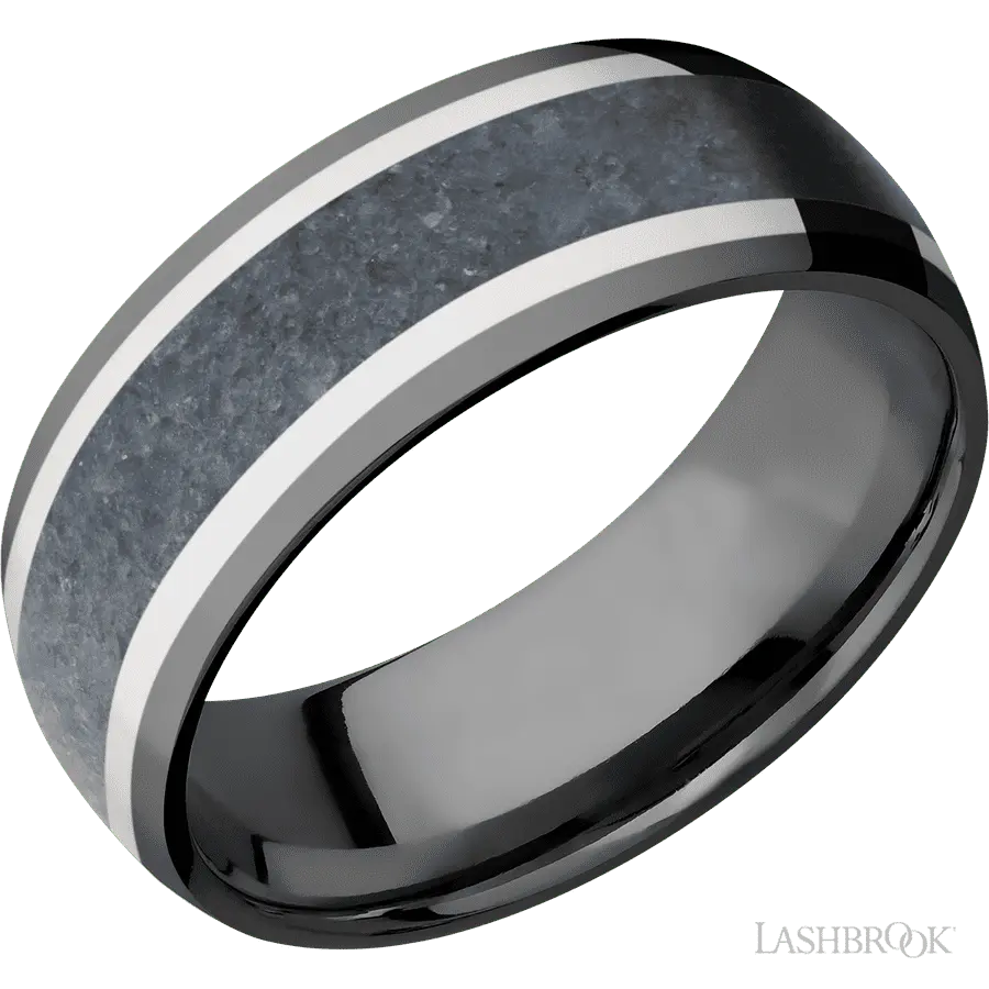 8 mm wide/Domed/Zirconium band featuring inlays of 14K White Gold and Blue Sapphire. in Zirconium by Lashbrook | The Diamond 