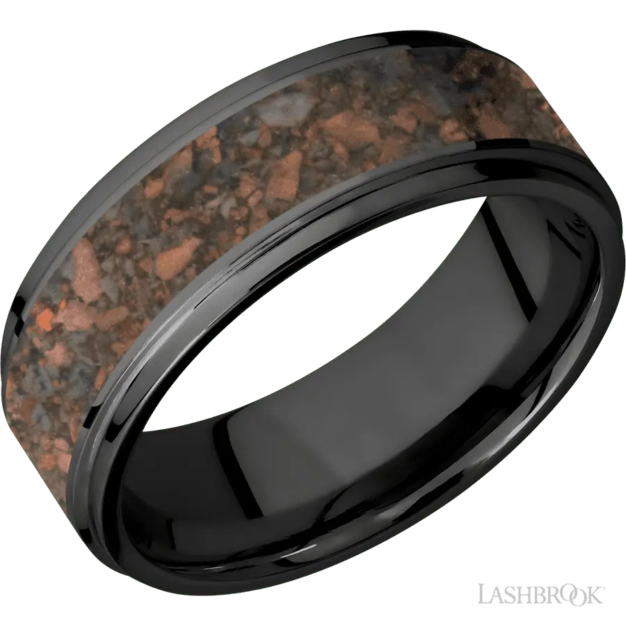8 mm wide/Flat Grooved Edges/Zirconium band with one 5 mm Centered inlay of Desert Jasper. in Zirconium by Lashbrook | The Di