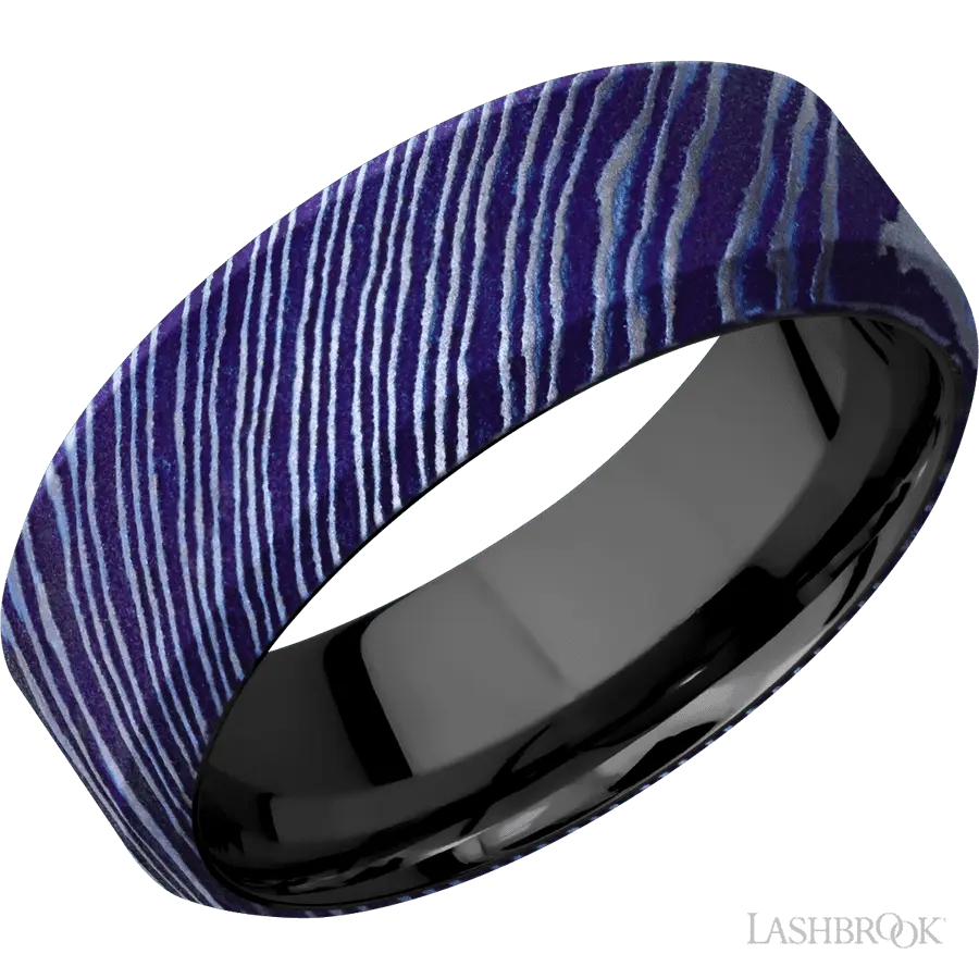 8 mm wide High Bevel Titanium Damascus band featuring a Zirconium sleeve. by Lashbrook | The Diamond Store Las Vegas
