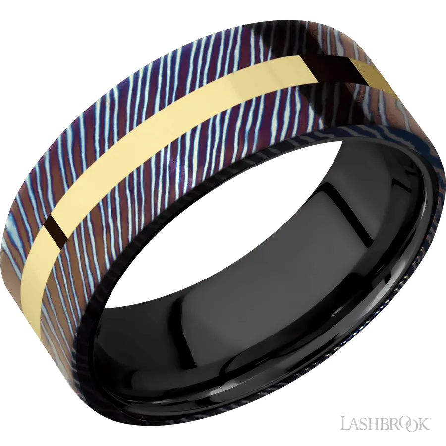 8 mm wide/Flat/Titanium Damascus band with one 2 mm Centered inlay of 14K Yellow Gold also featuring a Zirconium sleeve. by L