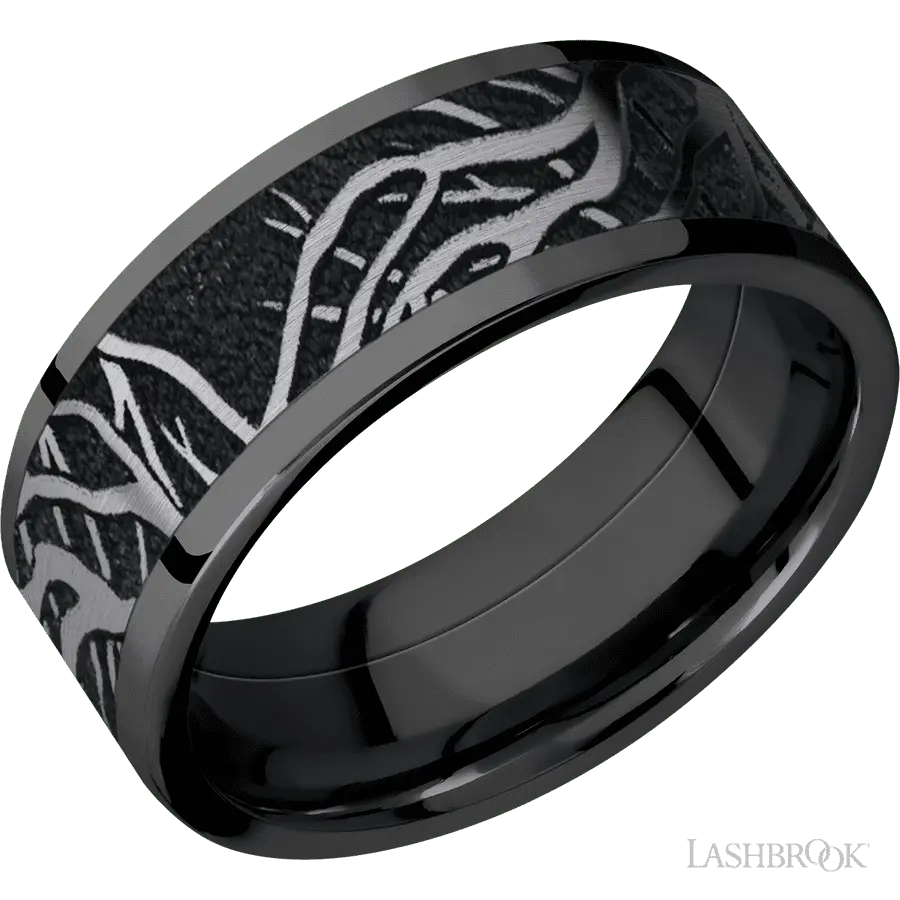 8 mm wide/Flat/Zirconium band with one 6 mm Centered inlay of Tantalum with a laser carved Branches pattern. in Zirconium by 