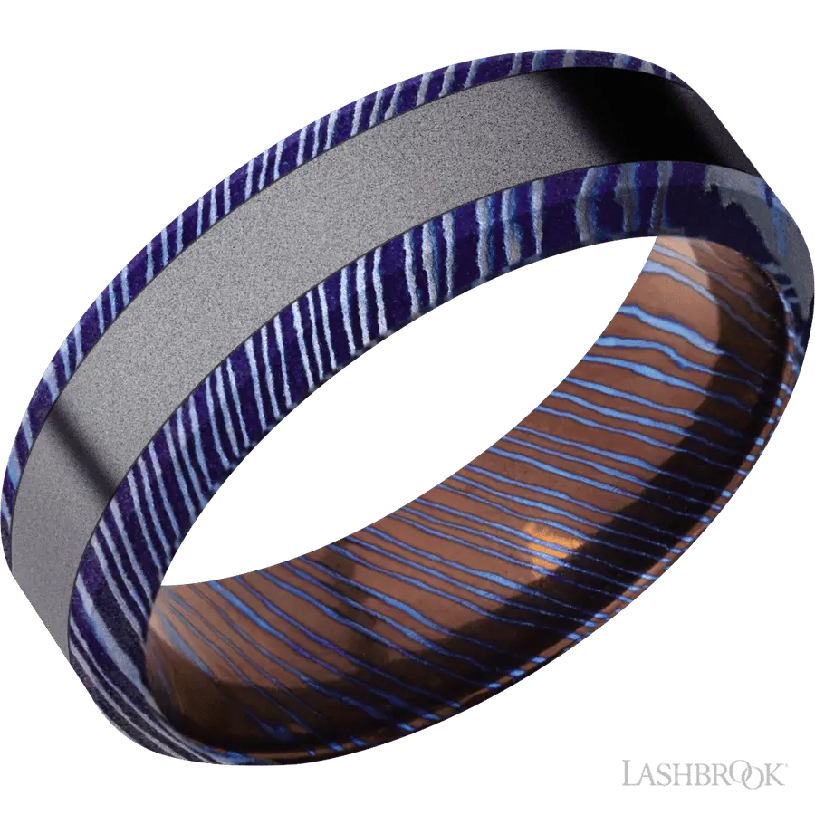 7 mm wide/High Bevel/Titanium Damascus band with one 3 mm Centered inlay of Tantalum. by Lashbrook | The Diamond Store Las Ve