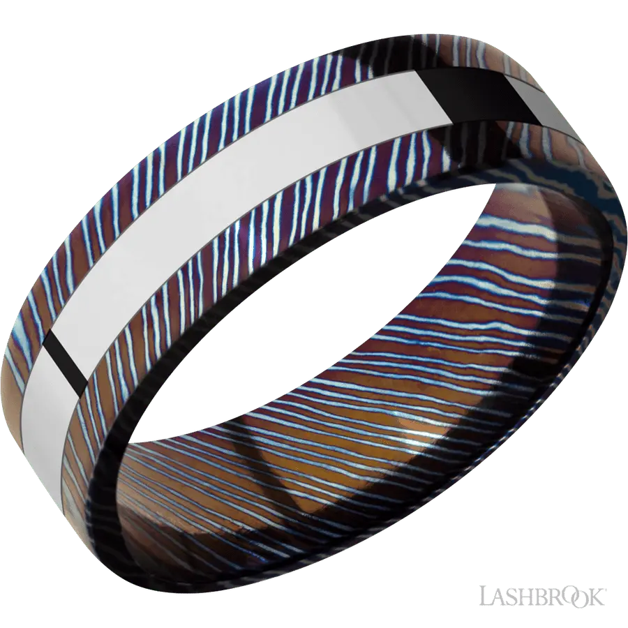 7 mm wide/Flat/Titanium Damascus band with one 3 mm Centered inlay of Cobalt Chrome. by Lashbrook | The Diamond Store Las Veg