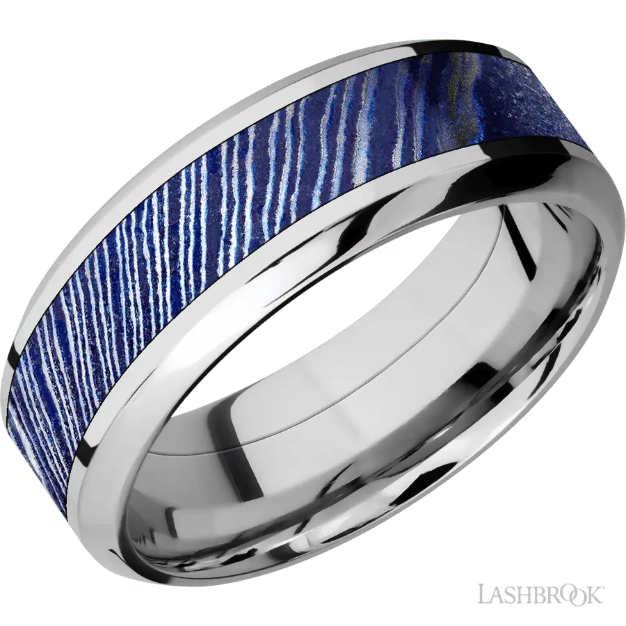 8 mm wide/High Bevel/Cobalt Chrome band with one 4 mm Centered inlay of Titanium Damascus. in Cobalt by Lashbrook | The Diamo