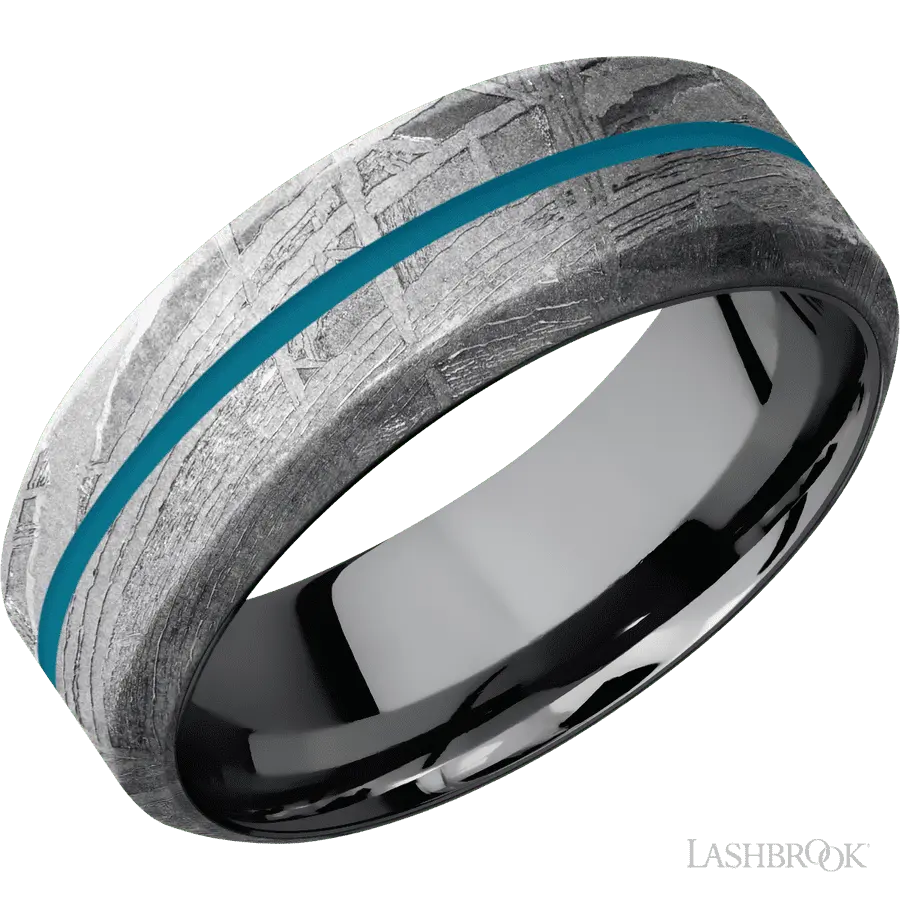 8 mm wide/High Bevel/Meteorite band with one 1 mm Centered inlay of Sea Blue also featuring a Tantalum sleeve. in Meteorite b