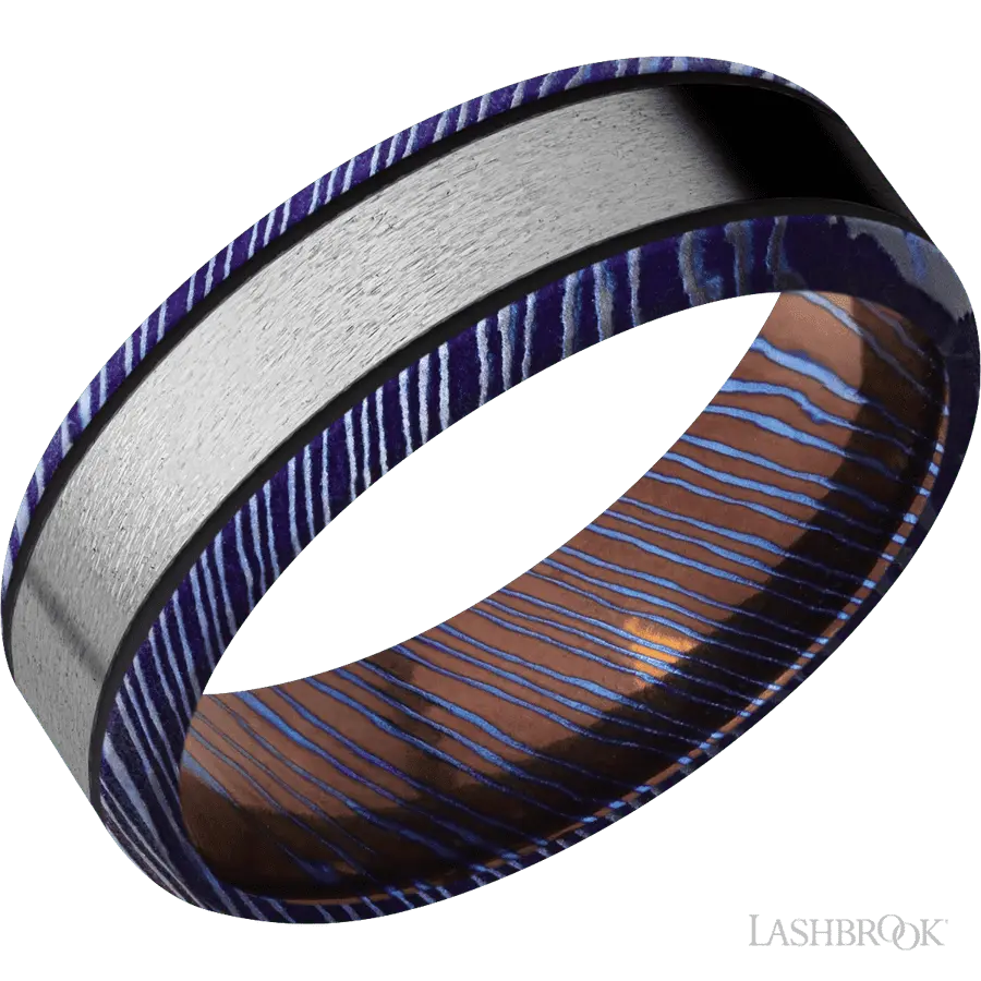 7 mm wide/Beveled/Titanium Damascus band with one 4 mm Centered inlay of Titanium. by Lashbrook | The Diamond Store Las Vegas