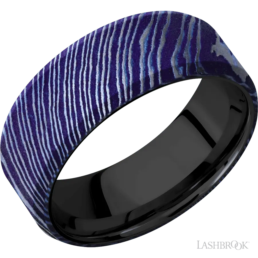 8 mm wide Beveled Titanium Damascus band featuring a Zirconium sleeve. by Lashbrook | The Diamond Store Las Vegas