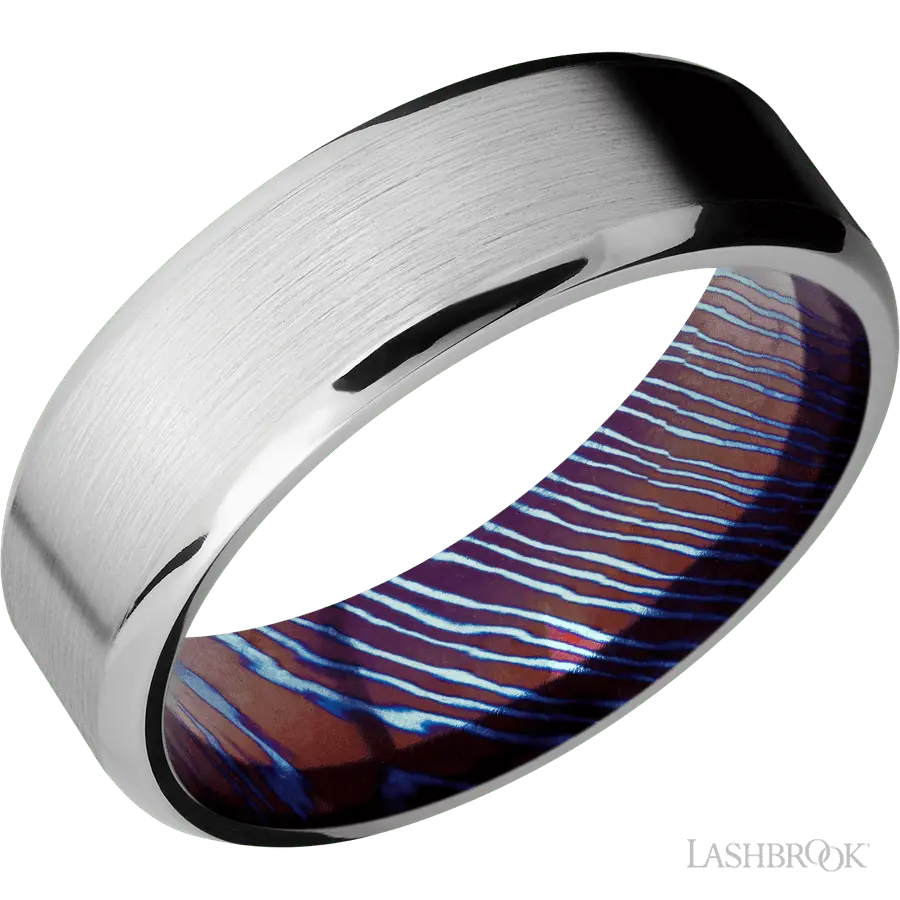 7 mm wide Beveled Cobalt Chrome band featuring a Titanium Damascus sleeve. in Cobalt by Lashbrook | The Diamond Store Las Veg