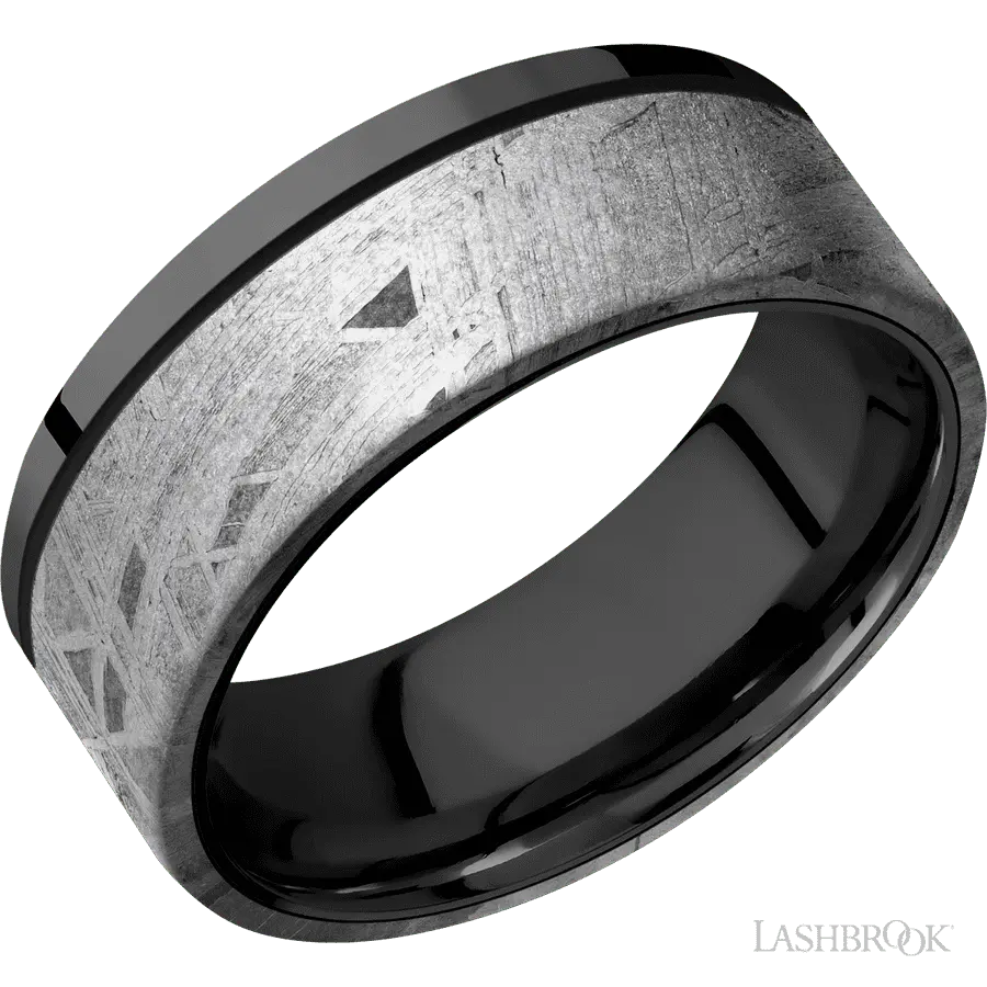 8 mm wide/Flat/Zirconium band with one 6 mm Off Center Edge inlay of Meteorite. in Zirconium by Lashbrook | The Diamond Store
