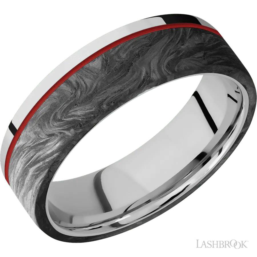 7 mm wide/Flat/Cobalt Chrome band with one 5 mm Off Center Edge inlay of Forged Carbon Fiber. in Cobalt by Lashbrook | The Di