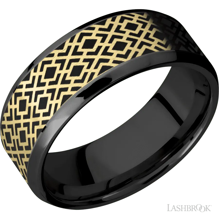 8 mm wide/Beveled/Zirconium band with one 6 mm Centered inlay of 14K Yellow Gold with a laser carved Trellis 2 pattern. in Zi