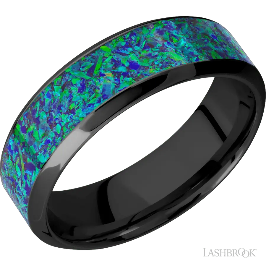 7 mm wide/High Bevel/Zirconium band with one 4 mm Centered inlay of Green Opal. in Zirconium by Lashbrook | The Diamond Store