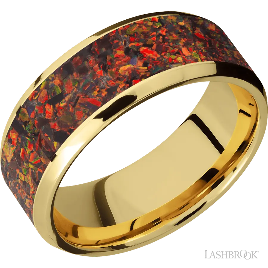 8 mm wide/Beveled/14K Yellow Gold band with one 6 mm Centered inlay of Red Opal. in 14K Yellow Gold by Lashbrook | The Diamon