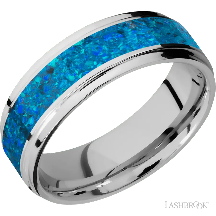 7 mm wide/Flat Grooved Edges/Cobalt Chrome band with one 4 mm Centered inlay of Blue Opal. in Cobalt by Lashbrook | The Diamo