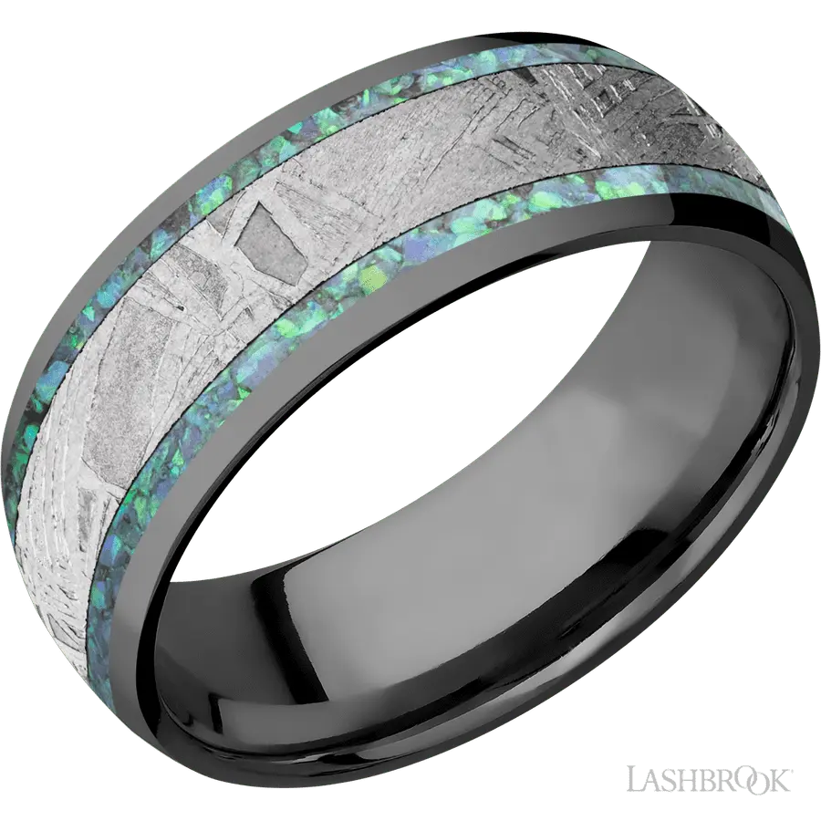 8 mm wide/Domed/Zirconium band featuring inlays of Teal Opal and Meteorite. in Zirconium by Lashbrook | The Diamond Store Las