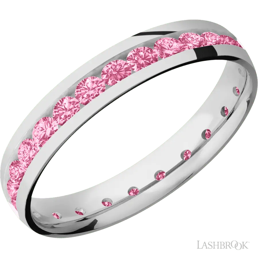 4 mm wide/Domed/Cobalt Chrome band with an Eternity arrangement of .07 carat Round Lab Dark Pink Diamond stones in a Channel 