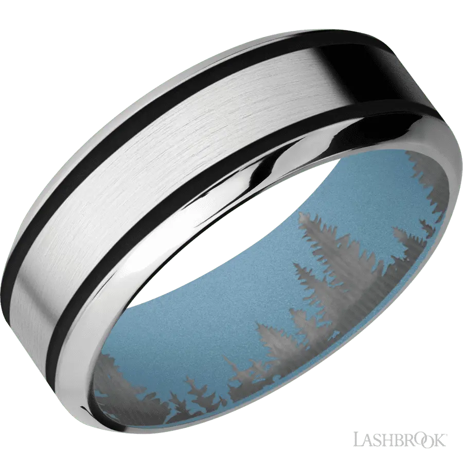 8 mm wide/High Bevel/Cobalt Chrome band with two 1 mm Wide inlays of Black also featuring a Polar Blue sleeve. in Cobalt by L