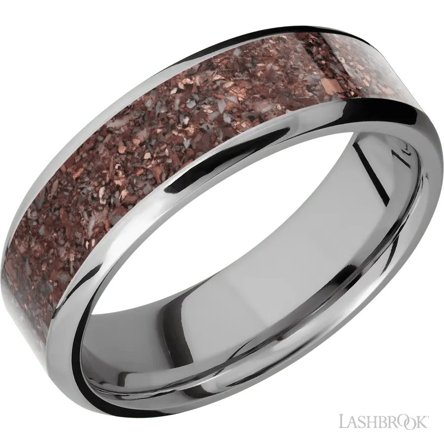 7 mm wide/Beveled/Titanium band with one 5 mm Centered inlay of Dinosaur Bone Mixed. in Titanium by Lashbrook | The Diamond S