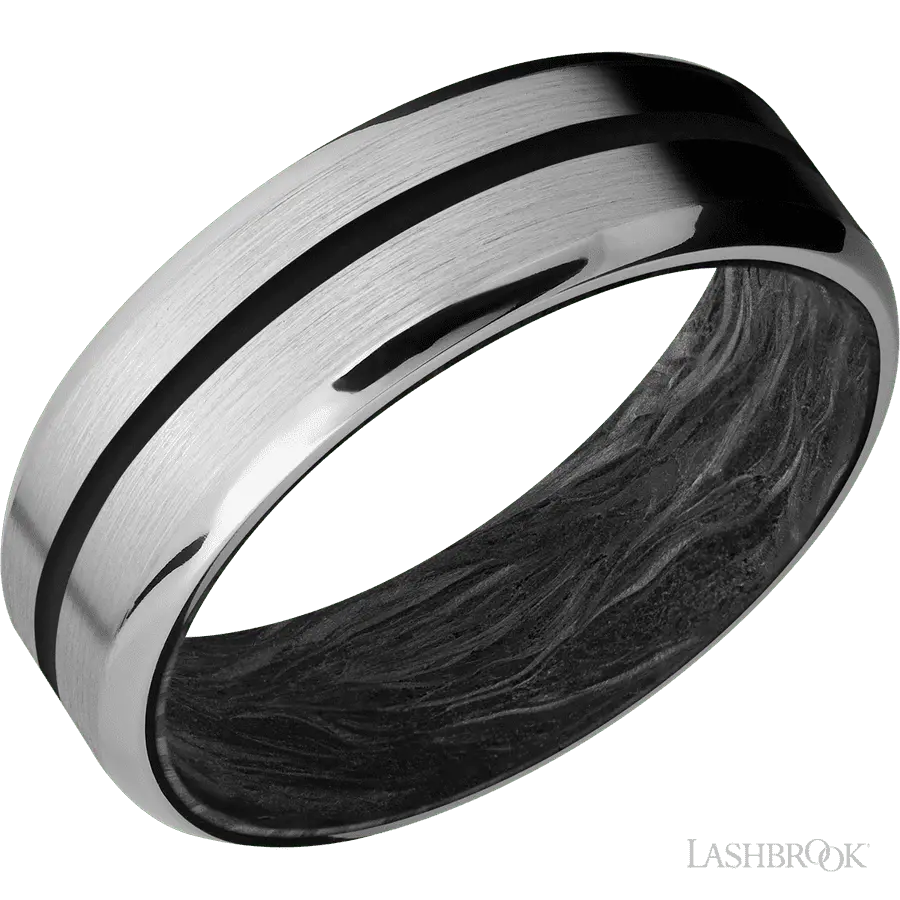 7 mm wide/Beveled/Titanium band with one 1 mm Centered inlay of Black also featuring a Forged Carbon Fiber sleeve. in Titaniu